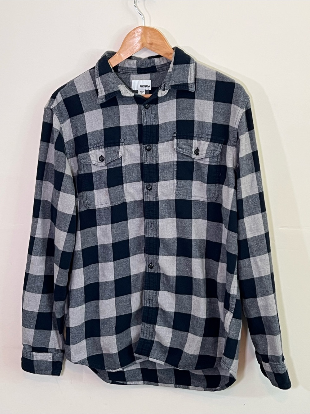 Sonoma Men’s Large Buffalo Plaid Flannel Shirt Black Gray Button Down